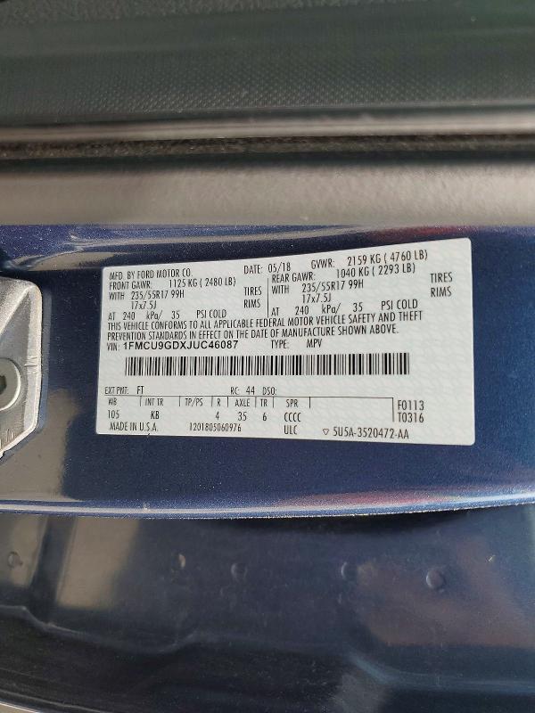 Aukcja sprzedaży 2018 Ford Escape, vin: 1FMCU9GDXJUC46087, numer aukcji: 60382206