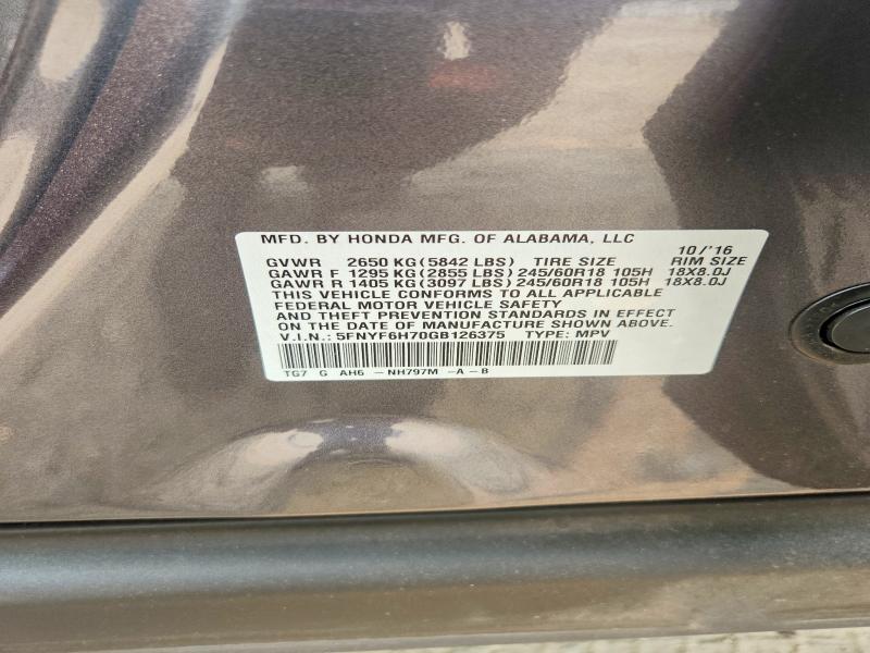 61286786 :رقم المزاد ، 5FNYF6H70GB126375 vin ، 2016 Honda Pilot مزاد بيع