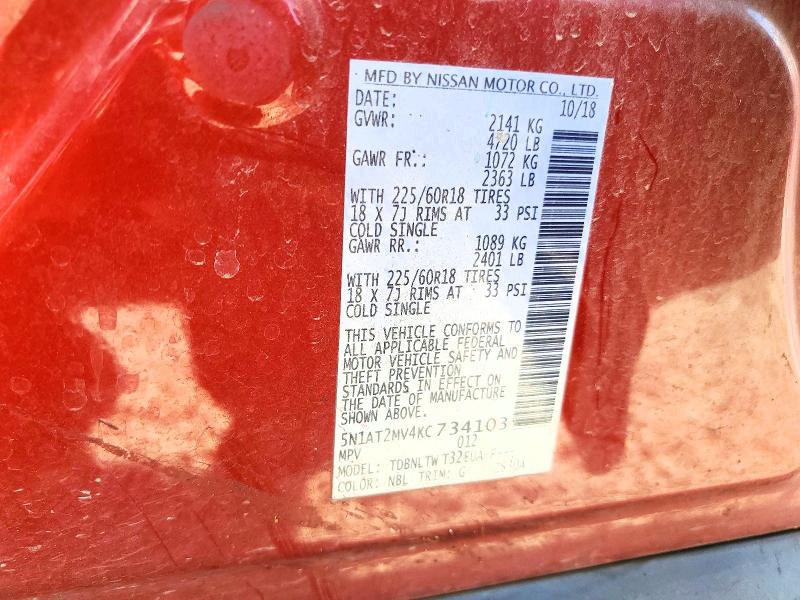 Auction sale of the 2019 Nissan Rogue, vin: 5N1AT2MV4KC734103, lot number: 62986356