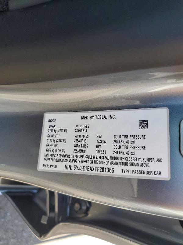 2026 Tesla Model 3 მანქანა იყიდება აუქციონზე, vin: 5YJ3E1EAXTF201366, აუქციონის ნომერი: 63009456