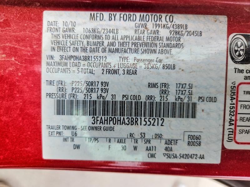 2011 Ford Fusion მანქანა იყიდება აუქციონზე, vin: 3FAHP0HA3BR155212, აუქციონის ნომერი: 59386286