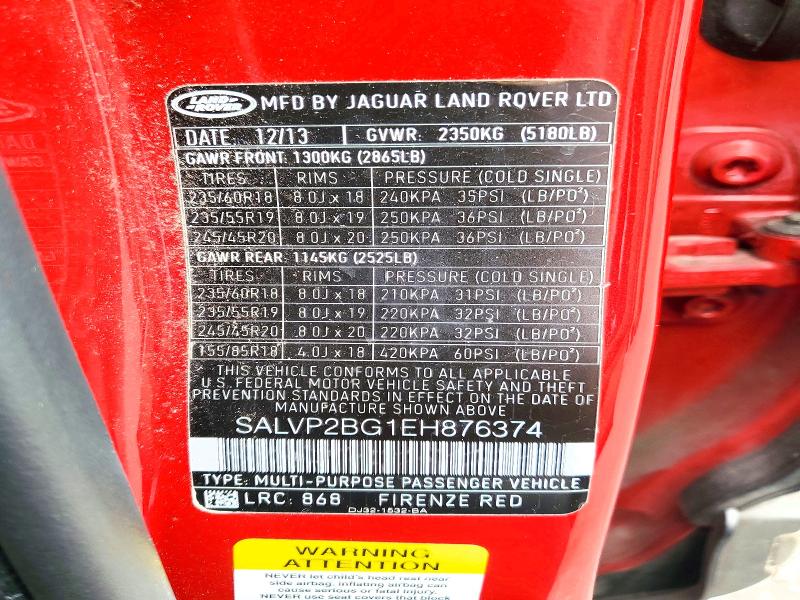 59709606 :رقم المزاد ، SALVP2BG1EH876374 vin ، 2014 Land Rover Range Rover Evoque مزاد بيع