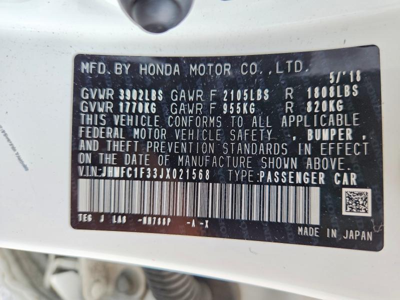 Aukcja sprzedaży 2018 Honda Civic, vin: JHMFC1F33JX021568, numer aukcji: 62863036