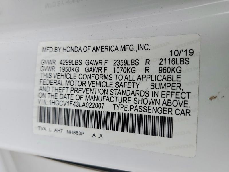 2020 Honda Accord მანქანა იყიდება აუქციონზე, vin: 1HGCV1F43LA022007, აუქციონის ნომერი: 59719086