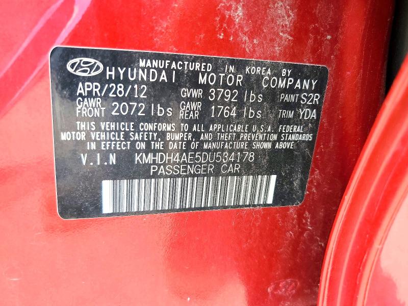 60203546 :رقم المزاد ، KMHDH4AE5DU534178 vin ، 2013 Hyundai Elantra مزاد بيع