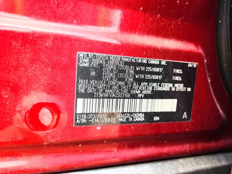 Aukcja sprzedaży 2019 Toyota Rav4, vin: 2T3W1RFV9KC003168, numer aukcji: 62456056