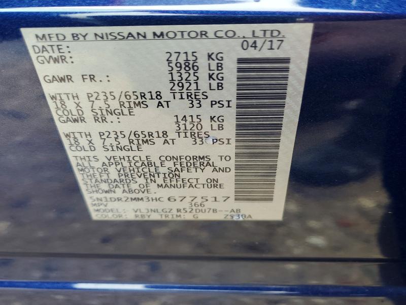2017 Nissan Pathfinder მანქანა იყიდება აუქციონზე, vin: 5N1DR2MM3HC677517, აუქციონის ნომერი: 62584206