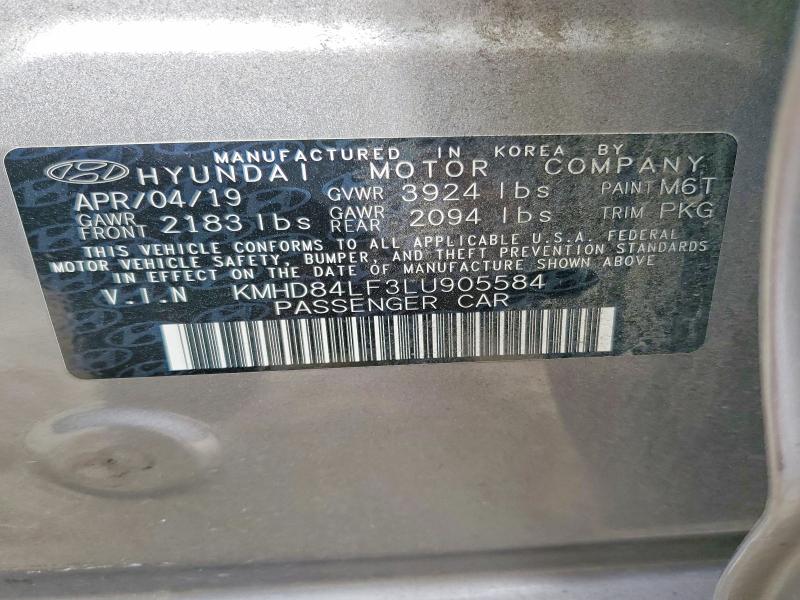 2020 Hyundai Elantra მანქანა იყიდება აუქციონზე, vin: KMHD84LF3LU905584, აუქციონის ნომერი: 60614786