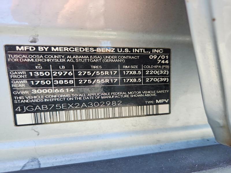 2002 Mercedes-benz Ml მანქანა იყიდება აუქციონზე, vin: 4JGAB75EX2A302982, აუქციონის ნომერი: 62698336