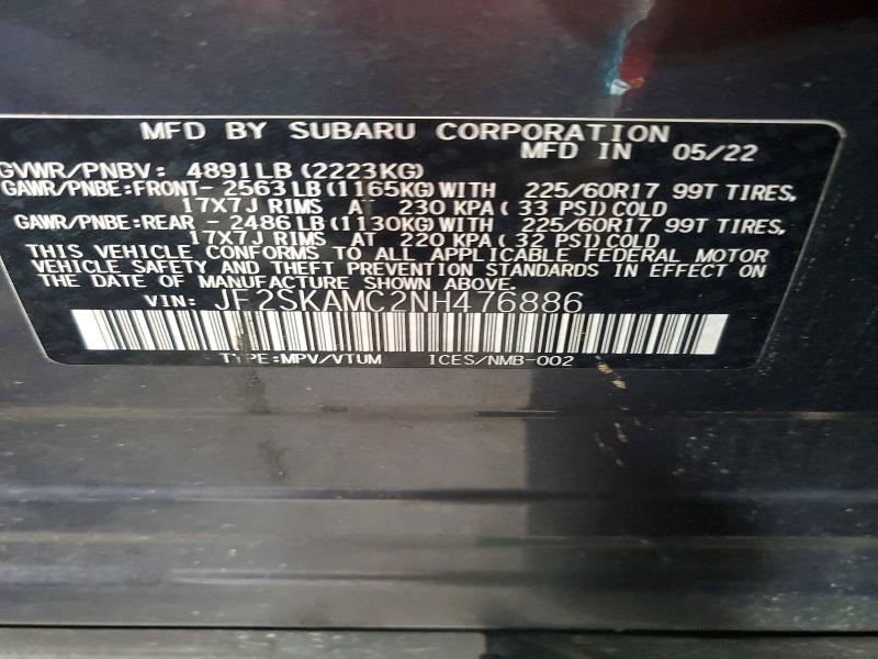 60920156 :رقم المزاد ، JF2SKAMC2NH476886 vin ، 2022 Subaru Forester مزاد بيع