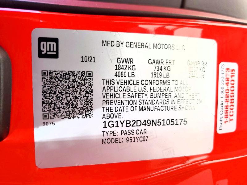 Aukcja sprzedaży 2022 Chevrolet Corvette, vin: 1G1YB2D49N5105175, numer aukcji: 61800116