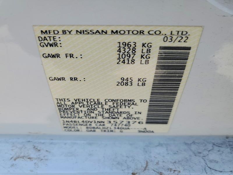 62211496 :رقم المزاد ، 1N4BL4DV1NN357376 vin ، 2022 Nissan Altima مزاد بيع