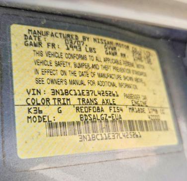 63035236 :رقم المزاد ، 3N1BC11E37L425261 vin ، 2007 Nissan Versa مزاد بيع