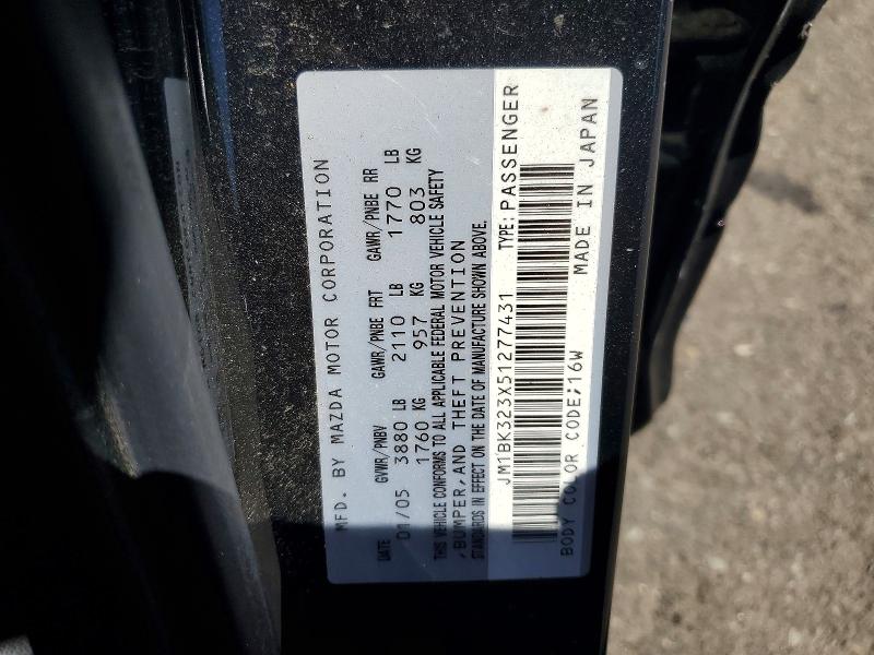 2005 Mazda 3 მანქანა იყიდება აუქციონზე, vin: JM1BK323X51277431, აუქციონის ნომერი: 60389566