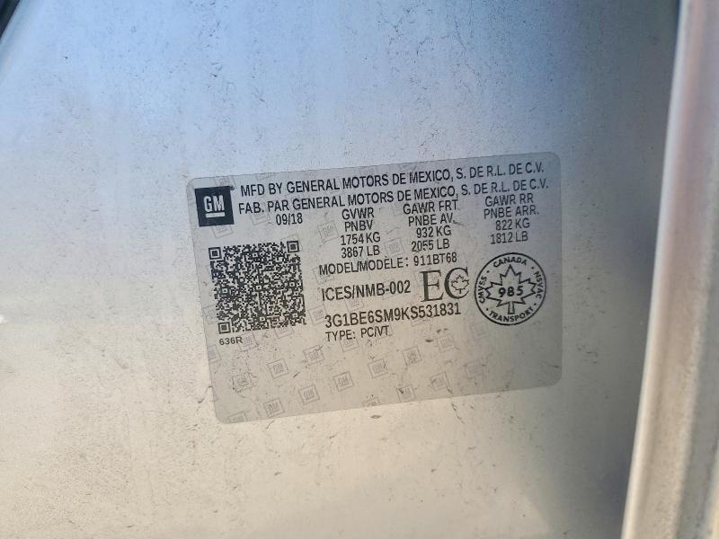 61433036 :رقم المزاد ، 3G1BE6SM9KS531831 vin ، 2019 Chevrolet Cruze مزاد بيع
