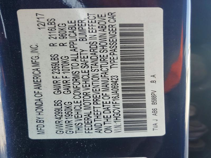 Auction sale of the 2018 Honda Accord, vin: 1HGCV1F16JA069423, lot number: 60268336