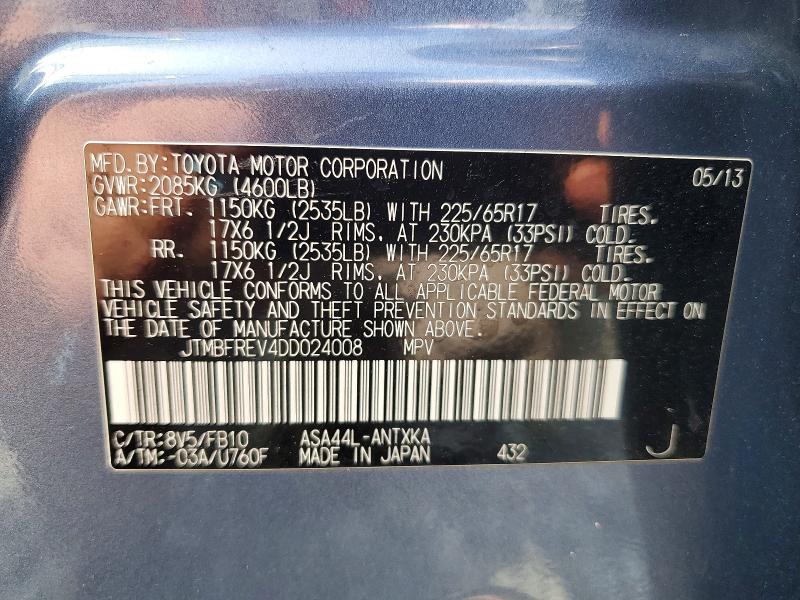 Aukcja sprzedaży 2013 Toyota Rav4, vin: JTMBFREV4DD024008, numer aukcji: 60004836