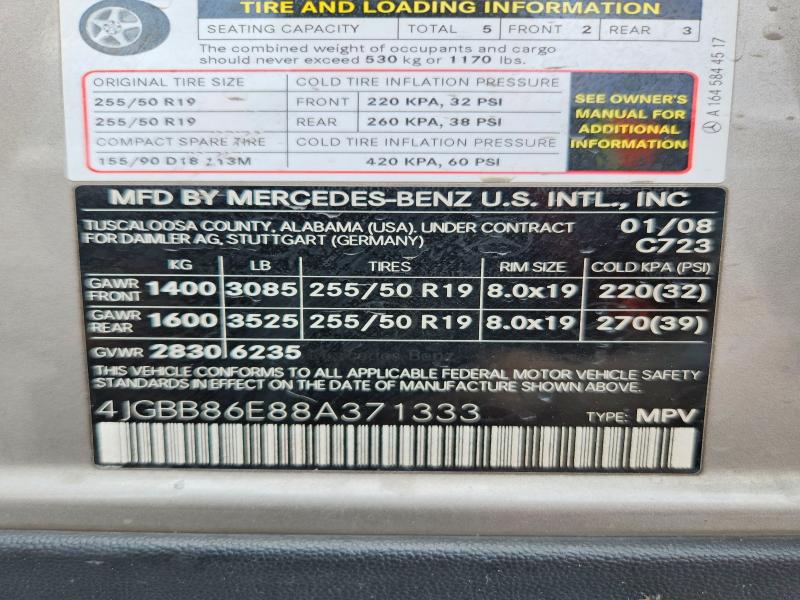 2008 Mercedes-benz Ml მანქანა იყიდება აუქციონზე, vin: 4JGBB86E88A371333, აუქციონის ნომერი: 59822926