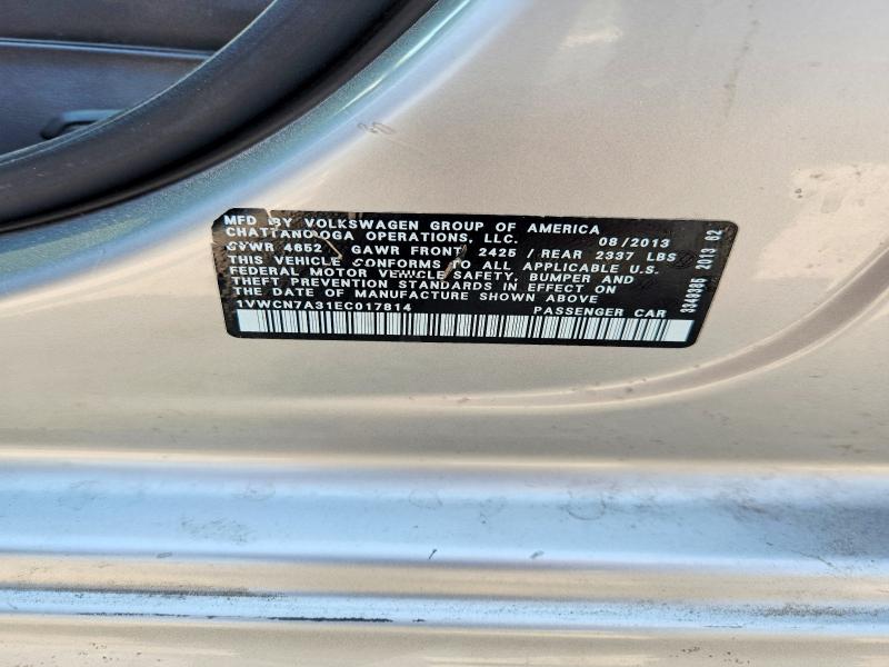 2014 Volkswagen Passat მანქანა იყიდება აუქციონზე, vin: 1VWCN7A31EC017814, აუქციონის ნომერი: 60664606