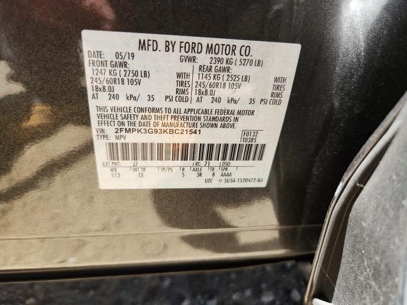 Продаж на аукціоні авто 2019 Ford Edge, vin: 2FMPK3G93KBC21541, номер лоту: 60979656