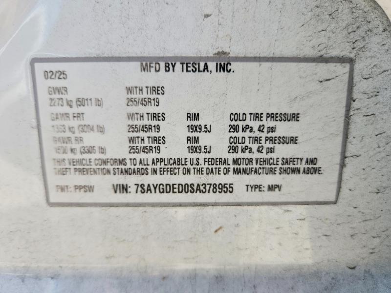 Aukcja sprzedaży 2025 Tesla Model Y, vin: 7SAYGDED0SA378955, numer aukcji: 62217566