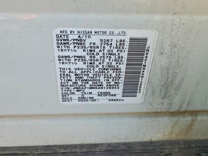 Aukcja sprzedaży 2010 Nissan Murano, vin: JN8AZ1MWXAW126853, numer aukcji: 61890356