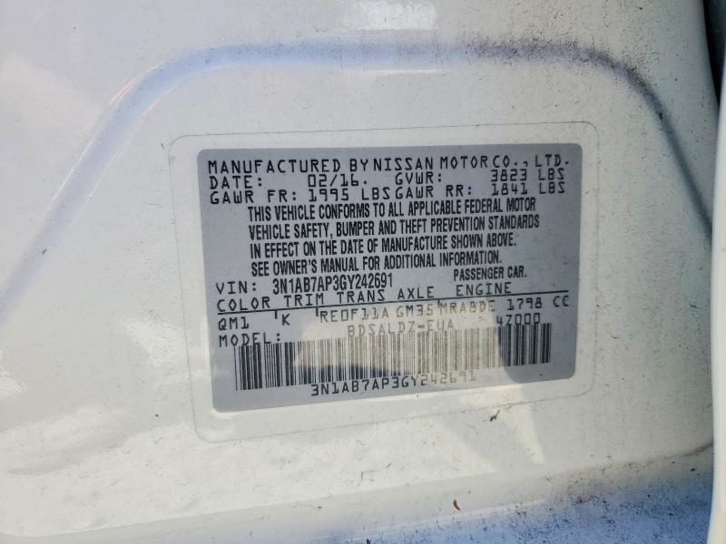 2016 Nissan Sentra მანქანა იყიდება აუქციონზე, vin: 3N1AB7AP3GY242691, აუქციონის ნომერი: 62480366