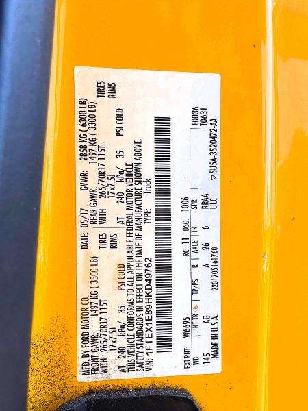 2017 Ford F150 მანქანა იყიდება აუქციონზე, vin: 1FTEX1E89HKD49762, აუქციონის ნომერი: 61822086
