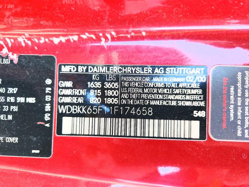 Продажа на аукционе авто 2001 Mercedes-benz Slk, vin: WDBKK65F11F174658, номер лота: 62288066