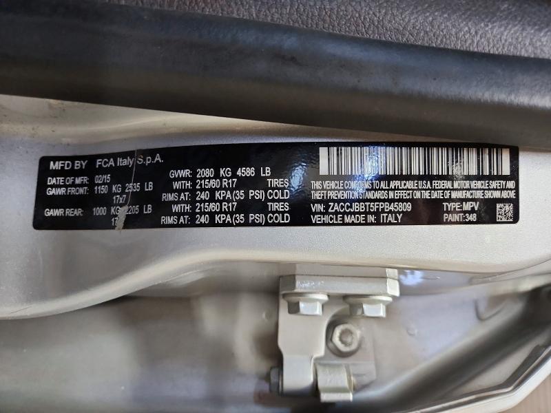 Aukcja sprzedaży 2015 Jeep Renegade, vin: ZACCJBBT5FPB45809, numer aukcji: 61049366