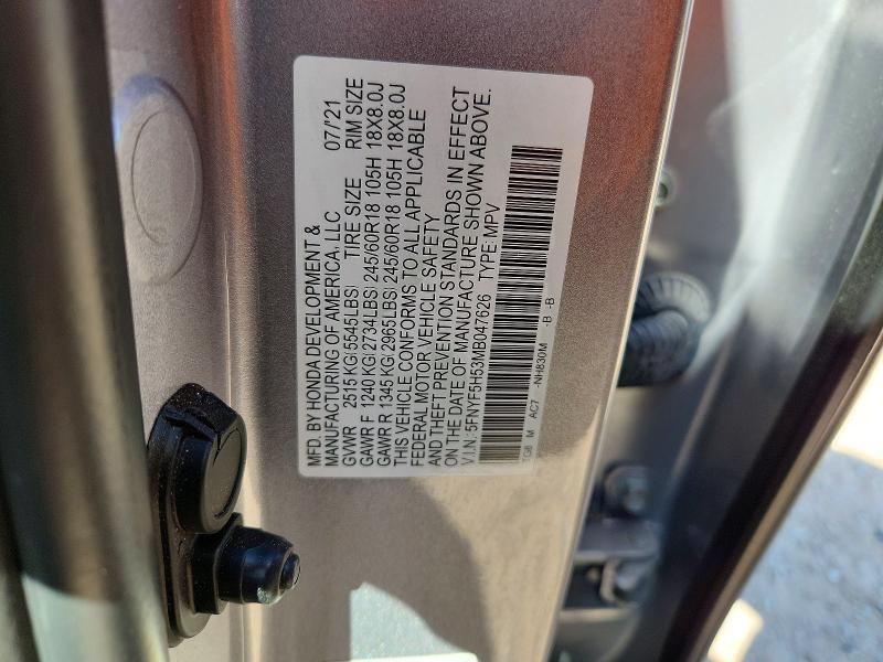 2021 Honda Pilot მანქანა იყიდება აუქციონზე, vin: 5FNYF5H53MB047626, აუქციონის ნომერი: 61789006