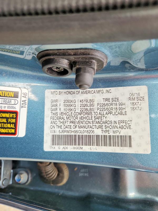 2016 Honda Cr-v მანქანა იყიდება აუქციონზე, vin: 5J6RM3H95GL018206, აუქციონის ნომერი: 62482096