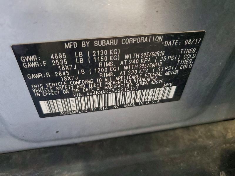 2018 Subaru Outback მანქანა იყიდება აუქციონზე, vin: 4S4BSAKC7J3215127, აუქციონის ნომერი: 61861026