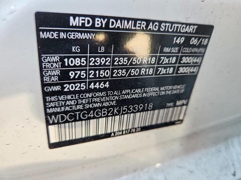 59398816 :رقم المزاد ، WDCTG4GB2KJ533918 vin ، 2019 Mercedes-benz Gla مزاد بيع