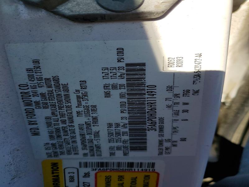 60576266 :رقم المزاد ، 3FA6P0HD6HR114910 vin ، 2017 Ford Fusion مزاد بيع