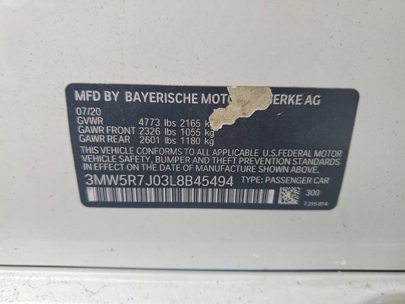 Aukcja sprzedaży 2020 Bmw 330xi, vin: 3MW5R7J03L8B45494, numer aukcji: 62524406