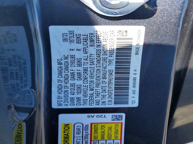 60888136 :رقم المزاد ، 2HGFE1F75PH319455 vin ، 2023 Honda Civic مزاد بيع