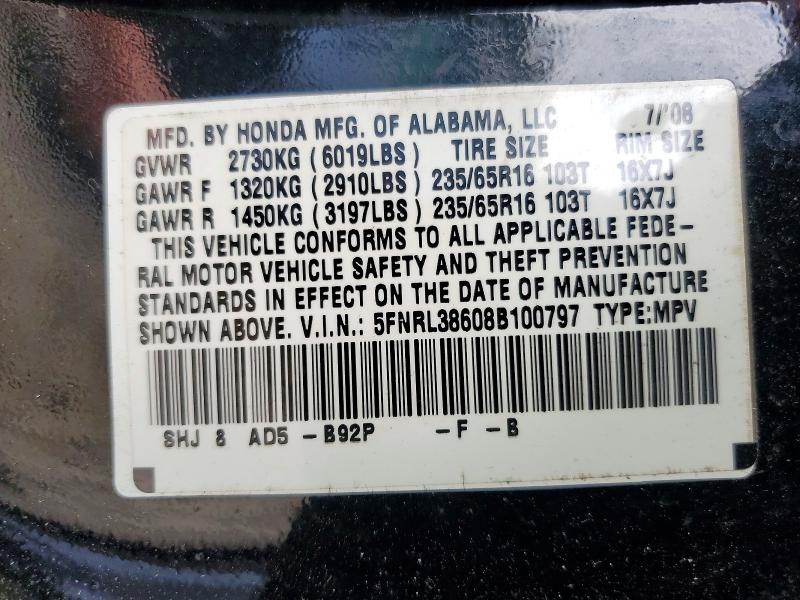2008 Honda Odyssey მანქანა იყიდება აუქციონზე, vin: 5FNRL38608B100797, აუქციონის ნომერი: 62593196