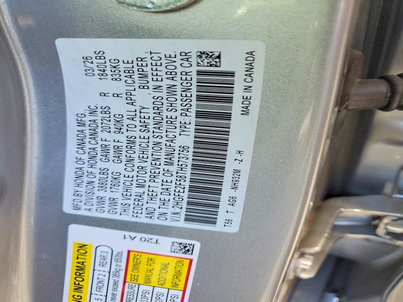 Продаж на аукціоні авто 2026 Honda Civic, vin: 2HGFE2F58TH573756, номер лоту: 59990826