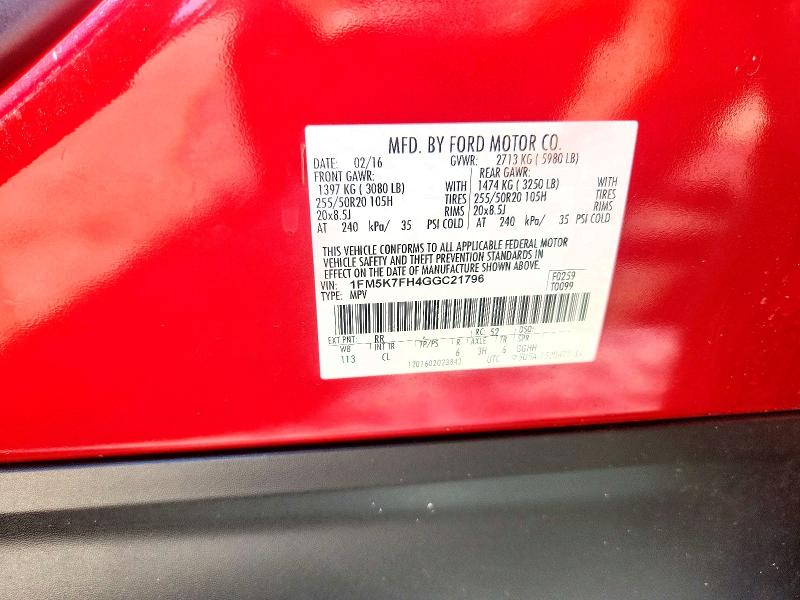 2016 Ford Explorer მანქანა იყიდება აუქციონზე, vin: 1FM5K7FH4GGC21796, აუქციონის ნომერი: 59867216