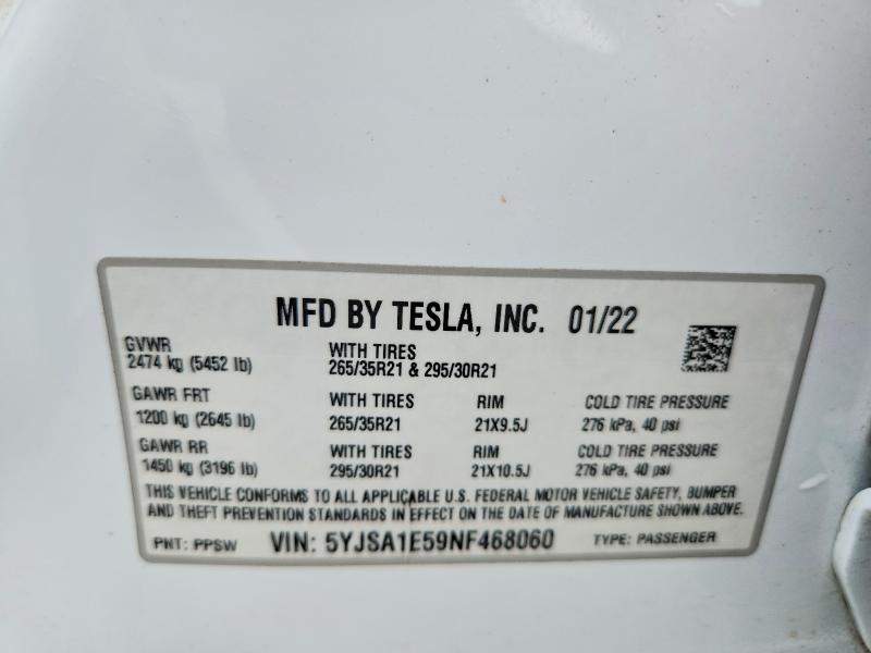 Продажа на аукционе авто 2022 Tesla Model S, vin: 5YJSA1E59NF468060, номер лота: 59673396