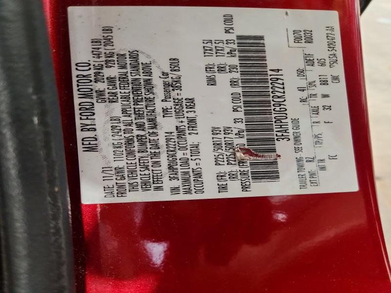 60207076 :رقم المزاد ، 3FAHP0JG9CR222914 vin ، 2012 Ford Fusion مزاد بيع