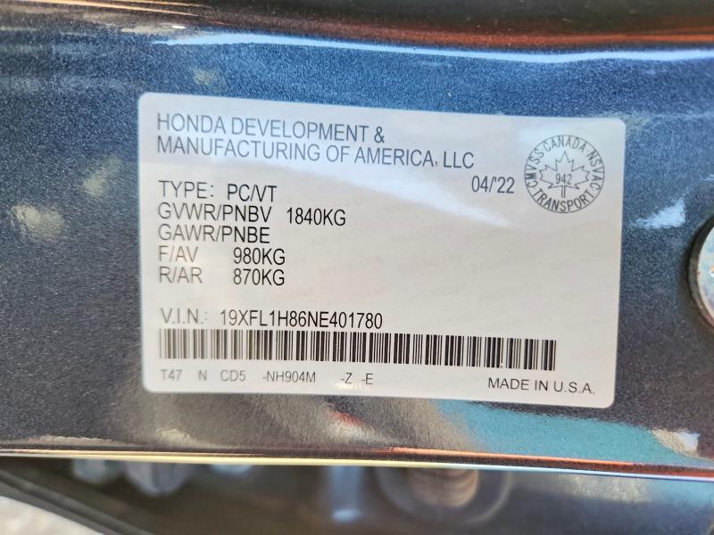 Продаж на аукціоні авто 2022 Honda Civic, vin: 19XFL1H86NE401780, номер лоту: 60790656