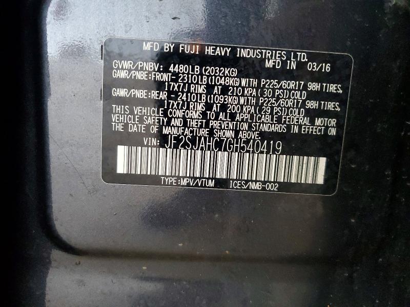 Auction sale of the 2016 Subaru Forester, vin: JF2SJAHC7GH540419, lot number: 60135946