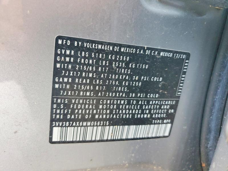 Продажа на аукционе авто 2021 Volkswagen Tiguan, vin: 3VV3B7AX6MM056315, номер лота: 61294386