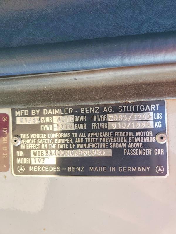1989 Mercedes-benz 560 მანქანა იყიდება აუქციონზე, vin: WDBBA48D4KA098305, აუქციონის ნომერი: 59236566