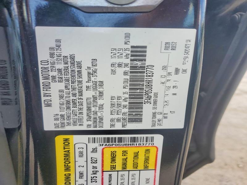 Aukcja sprzedaży 2017 Ford Fusion, vin: 3FA6P0SU8HR183770, numer aukcji: 60011176