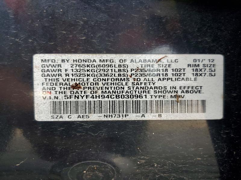 62526556 :رقم المزاد ، 5FNYF4H94CB030961 vin ، 2012 Honda Pilot مزاد بيع