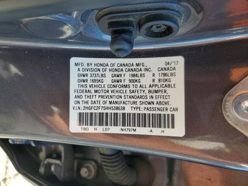 Aukcja sprzedaży 2017 Honda Civic, vin: 2HGFC2F75HH538638, numer aukcji: 63254986