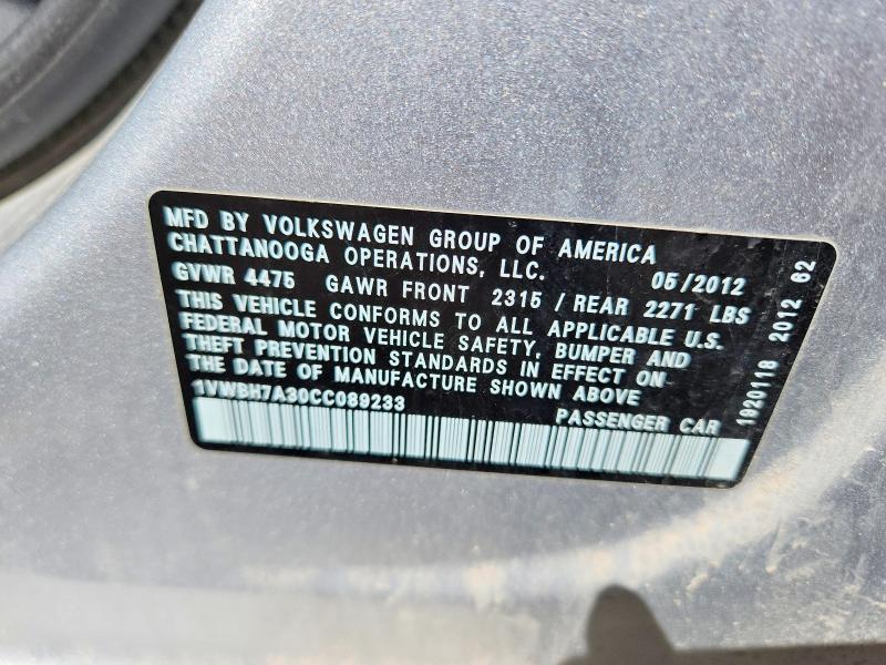 85629825 :رقم المزاد ، 1VWBH7A30CC089233 vin ، 2012 Volkswagen Passat مزاد بيع